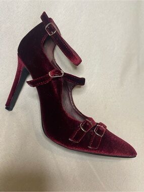 JustFab Wine Velvet Multi-Strap Pointed Mary Jane Heels